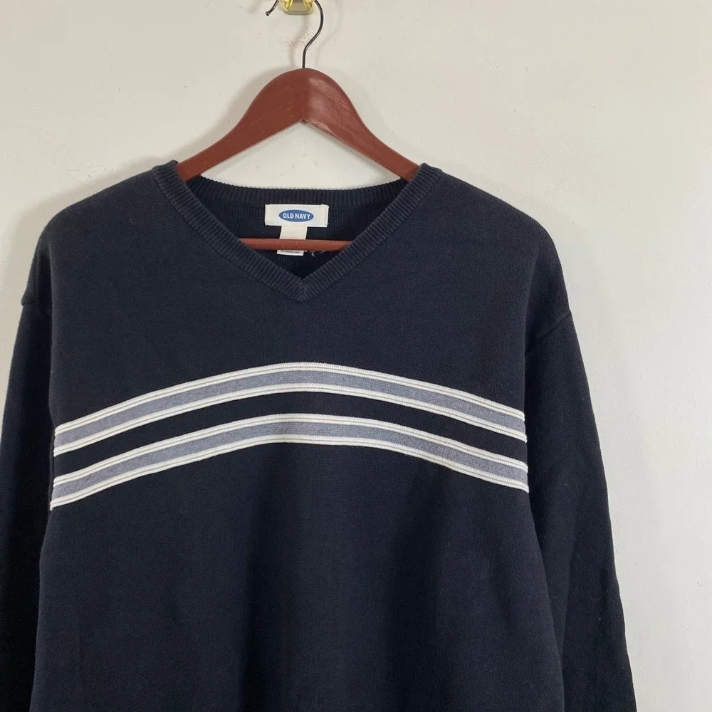 Old Navy Knit V-Neck Black Sweater White Gray Stripes Men's XL Cotton Grunge - Picture 4 of 6